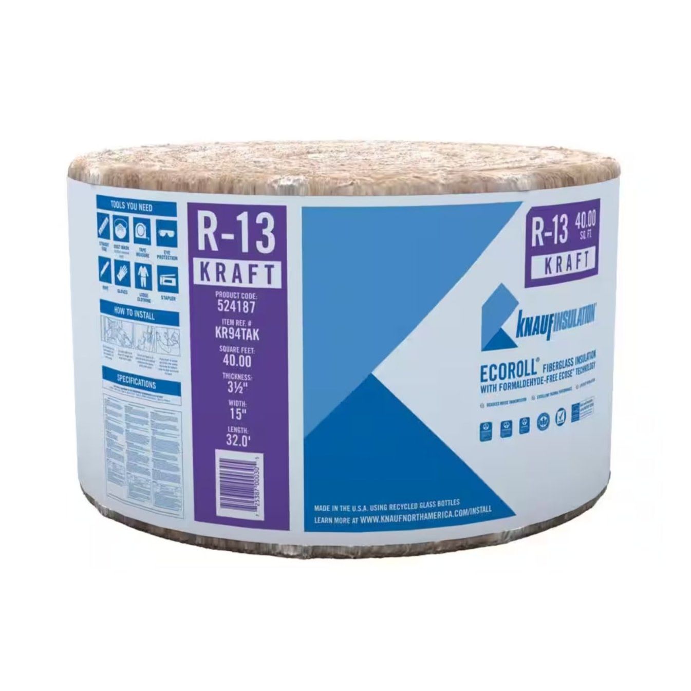 A KNAUF R-13 EcoRoll Kraft Faced Fiberglass Insulation Roll (3.5 in. x 15 in. x 62.66 ft, covering 78.33 sq. ft.) features a blue and white design with installation icons and displays R-13, Kraft, and coverage info at 0.65¢ per sq. ft.